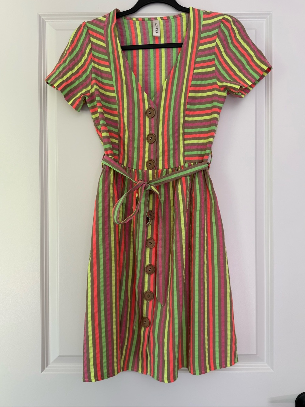Striped Button-Front Short Sleeve Dress in Green & Pink